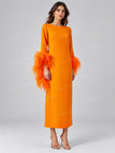Elegant Feather Cuff Long Sleeve Maxi Dress
