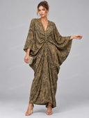 Retro Floral Print Ruched Batwing Sleeve Maxi Dress