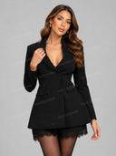 Elegant Lapel Blazer & Lace Trim Shorts Two Piece Set