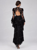 Elegant High Neck Lace Bell Sleeve Maxi Dress