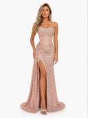 Glamorous Strapless Sequin High Slit Maxi Dress