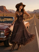 Sexy Lace V-Neck Ruffled Flowy Midi Dress