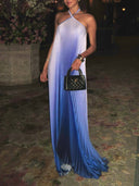 Elegant Gradient Pleated Halter Neck Maxi Dress