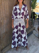 Casual Abstract Plaid Print Kimono Sleeve Maxi Dress