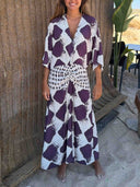 Casual Abstract Plaid Print Kimono Sleeve Maxi Dress