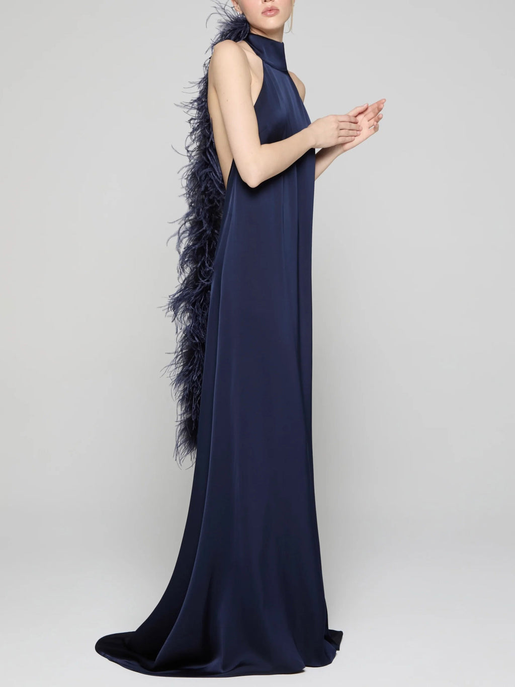 Elegant Satin Halter Feather-Trim Maxi Dress