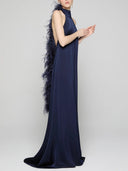 Elegant Satin Halter Feather-Trim Maxi Dress