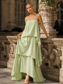 Elegant Three-layer Ruffle Sling Maxi Dress