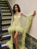 Elegant Feather Trim Sheer Chiffon High-Low Mini Dress