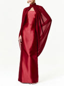 Elegant Satin Strapless Maxi Dress with Chiffon Cape