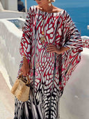 Abstract Print Off Shoulder Satin Kaftan Maxi Dress