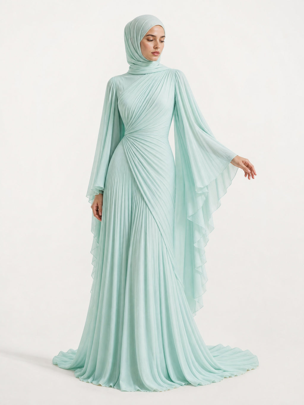 Elegant Pleated High-Neck Cape Sleeve Chiffon Maxi Dress