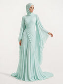 Elegant Pleated High-Neck Cape Sleeve Chiffon Maxi Dress