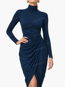Elegant Turtleneck Draped Side Slit Midi Dress