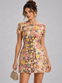 Elegant Floral Sequin Short Sleeve Mini Dress