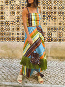 Colorful Striped Crop Top & Fringe Skirt Two-Piece Set