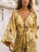 Casual Paisley Print V-Neck Bell Sleeve Maxi Dress