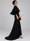Elegant Feather Trim Cape Sleeve Mermaid Maxi Dress