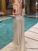 Sexy Metallic Halter Plunge Neck Draped Maxi Dress