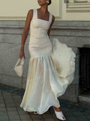 Elegant Faux Leather Ruffle Hem Maxi Dress