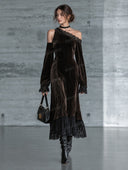 Asymmetric Off Shoulder Velvet Lace Maxi Dress