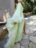 Elegant Feather Trim One Shoulder Slit Maxi Dress