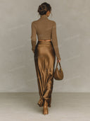 Elegant Turtleneck Crop Sweater & Satin Maxi Skirt Set