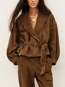 Suede Belted Jacket & Cargo Pants Two Piece Set