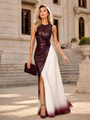 Elegant Colorblock Ruched Waist Pleated Maxi Dress