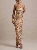 Elegant Floral Sequin Maxi Dress
