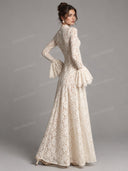 Elegant High Neck Floral Lace Flare Sleeve Maxi Dress