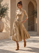 Casual Turtleneck Top & Belted Wide Leg Culotte Pants Set