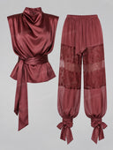 Elegant Satin Mock Neck Top & Lace Panel Jogger Pants Set