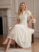 Elegant Floral Textured Puff Sleeve Midi Dress