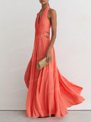 Elegant Halter Neck Pleated Cutout Maxi Dress