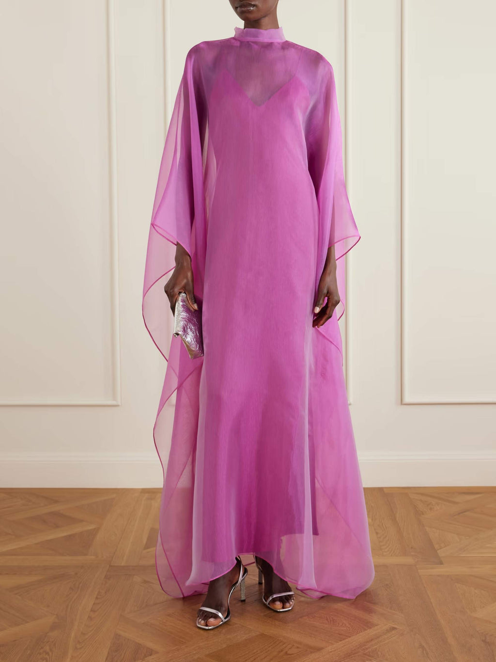 Elegant Sheer Organza Cape Sleeve Maxi Dress