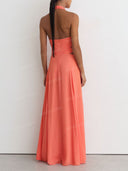 Elegant Halter Neck Pleated Cutout Maxi Dress