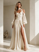 Elegant Off-Shoulder Puff Sleeve High-Slit Flowing Maxi Dress