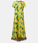 Lemon Blossom Print Feather Hem Midi Dress