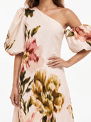 Exquisite Floral Print One Shoulder Puff Sleeve Maxi Dress