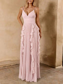Elegant Spaghetti-Strap Ruffled Pleated Chiffon Maxi Dress