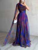 Elegant One-Shoulder Printed Tulle Cape Maxi Dress