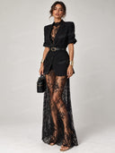 Belted Blazer & Sheer Lace Maxi Dress Two Piece Set