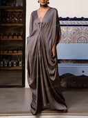 Elegant Deep V-Neck Draped Satin Kaftan Maxi Dress