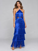 Elegant Fringe Halter Tiered Maxi Dress