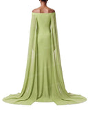 Elegant Feather Trim Off Shoulder Cape Maxi Dress