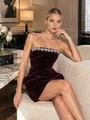 Elegant Velvet Jewel Embellished Trim Bandeau Mini Dress