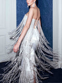 Elegant Strapless Beaded Fringe Maxi Dress