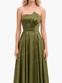 Elegant Strapless Pleated High-Slit Satin Maxi Dress