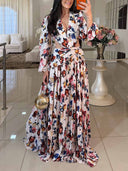 Elegant Navy Floral Print Cutout Maxi Dress